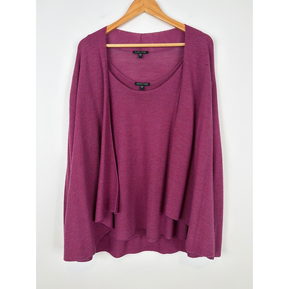 Eileen Fisher Cardigan Tank Set Size Large Purple Italian 100% Wool Lagenlook